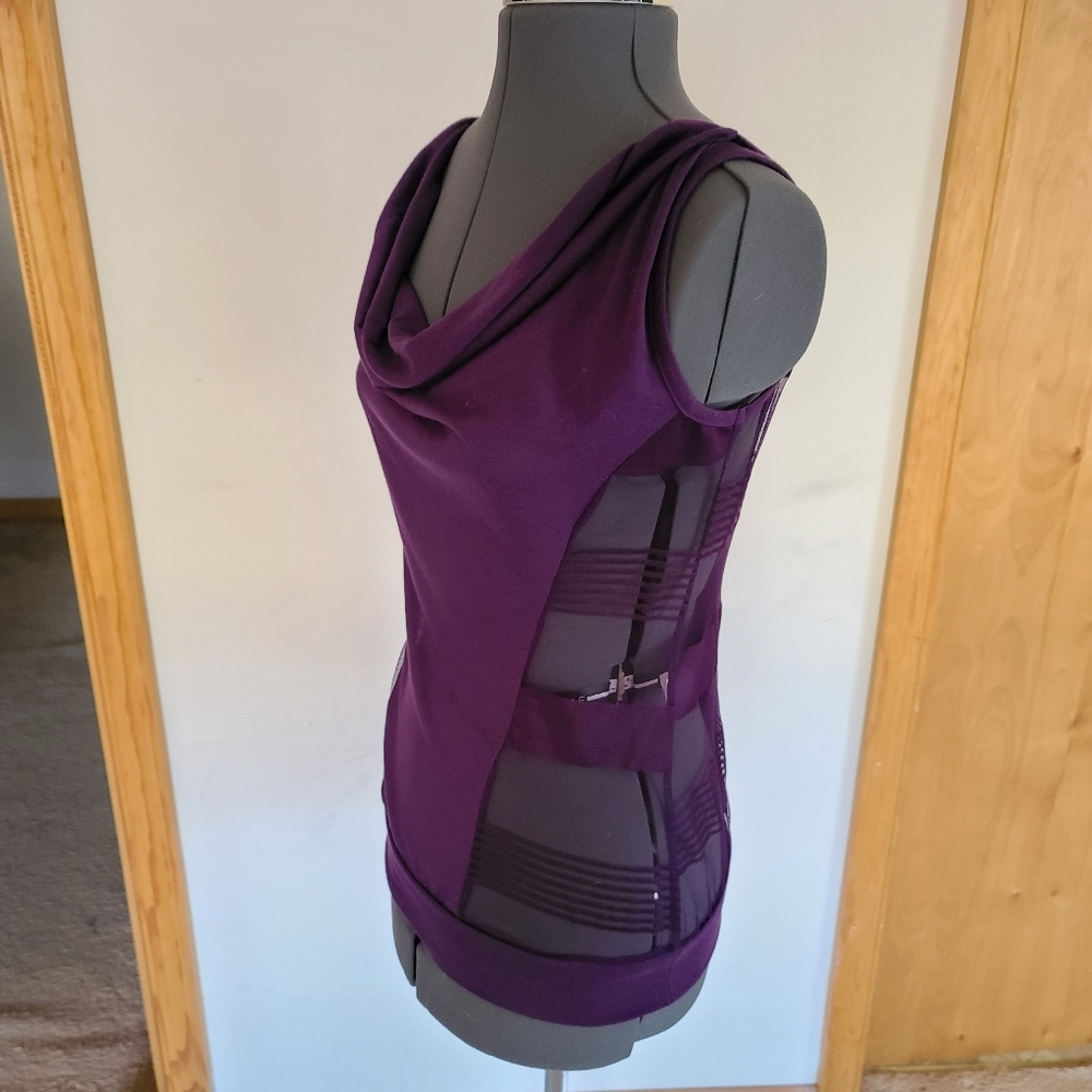 Cowel Neck Tank Top Open Back Sheer Sides Purple